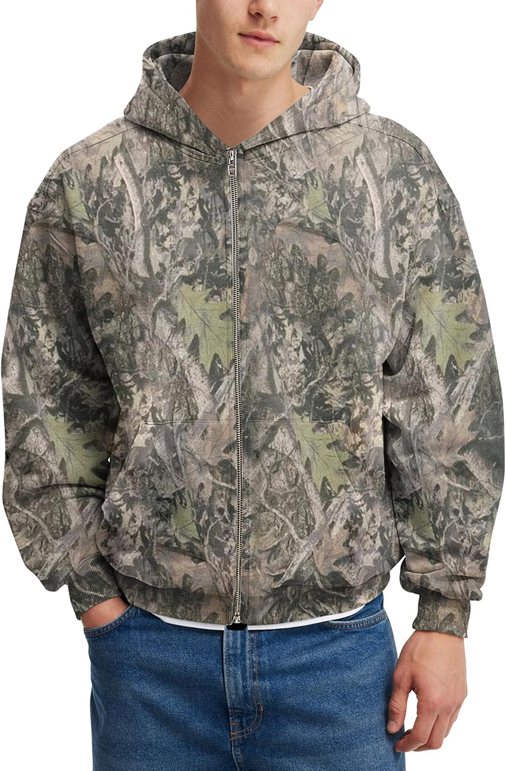 Mens Camo Zip Up Hoodies Oversized Fleece Camouflage Maple Leaf Graphic Hooded Sweatshirts Fall Hunting Jackets