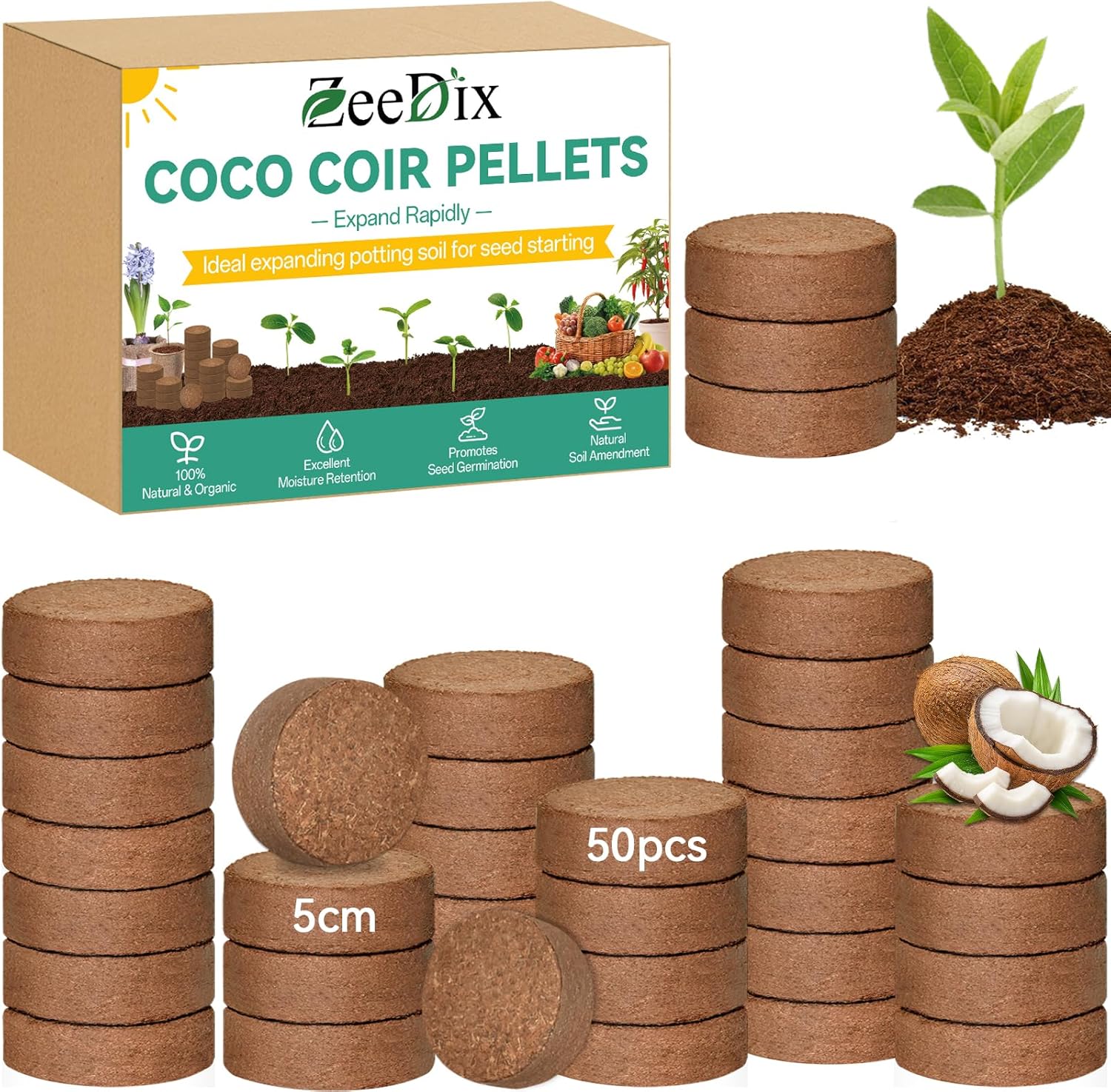 ZeeDix 50pcs(50mm) Coco Coir Pellets Potting Soil Indoor Plants, Compressed Coconut Coir Soil Pellets Seed Starting Pellets Discs for Planting Flowers Bonsai Herbs Plants and Vegetables
