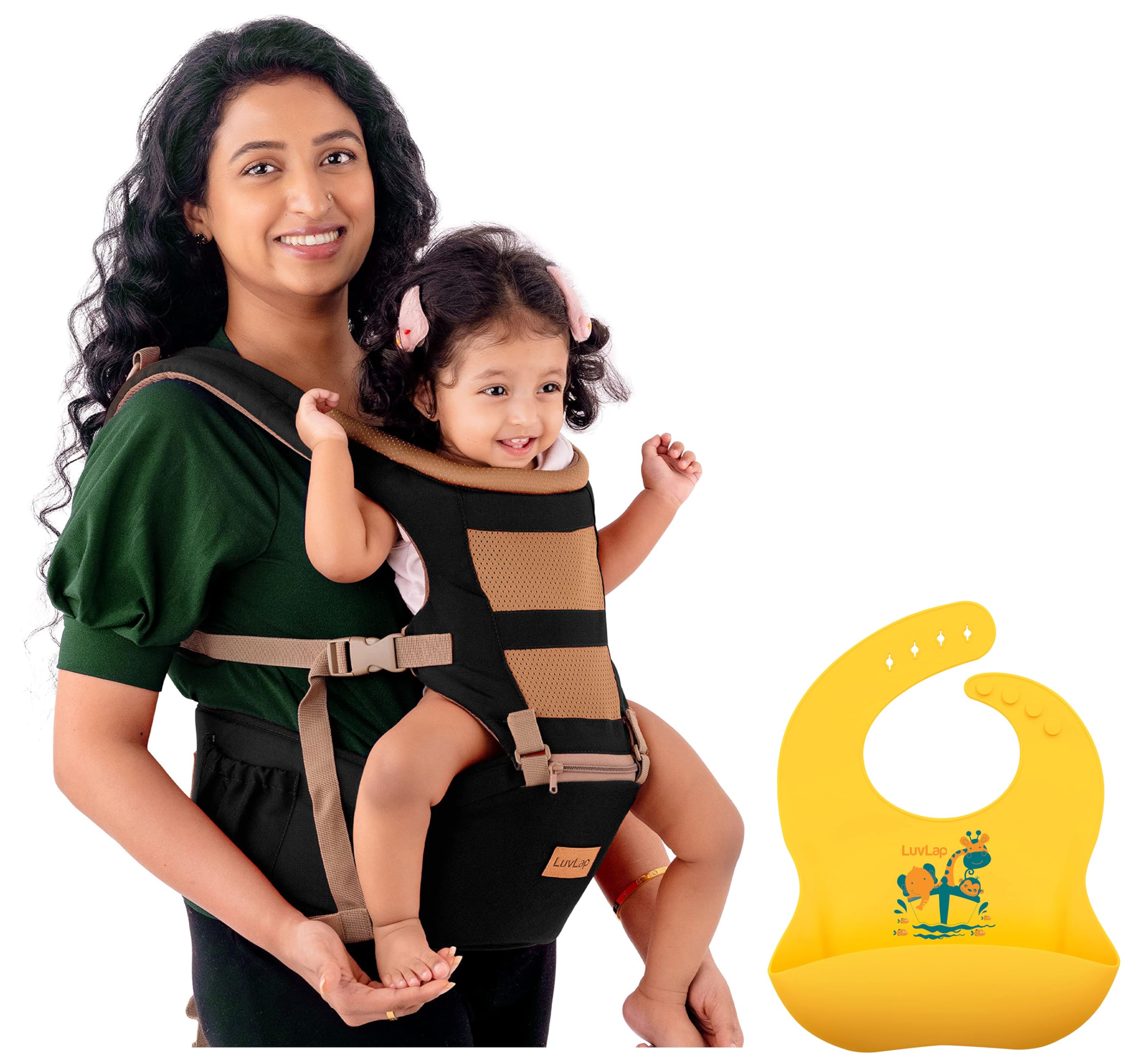LuvLap Royal Hip Seat Baby Carrier with 4 Carry Positions, Max Weight Up to 15 Kgs (Black) & Silicone Baby Bib for Feeding & Weaning Babies & Toddlers, (Yellow)-picture-12