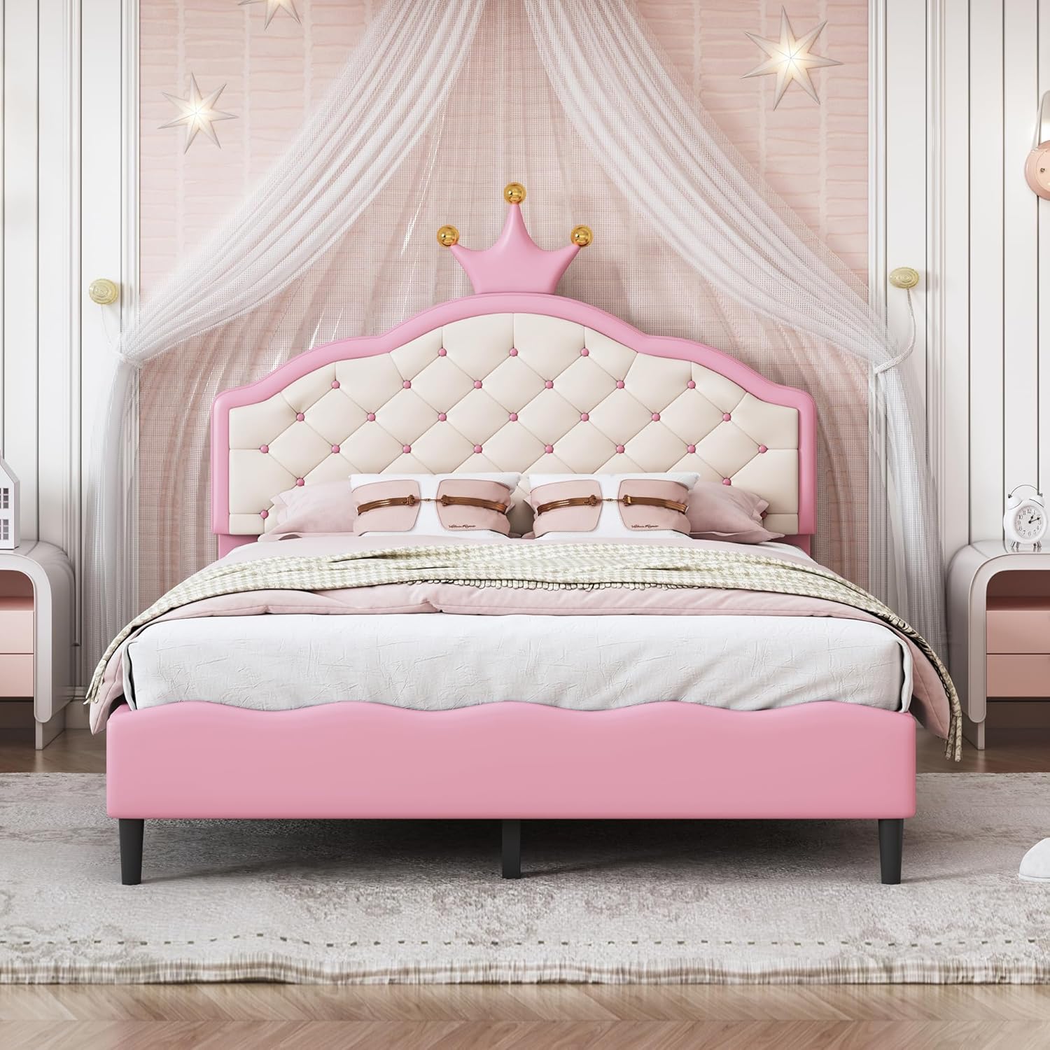 Full Bed Frame Upholstered Platform Bed Frames with Adjustable Crystal Button PU Tufted Crown Headboard, for Kids, Girls Solid Wooden Slats Support, No Box Spring Needed, Pink+Cream