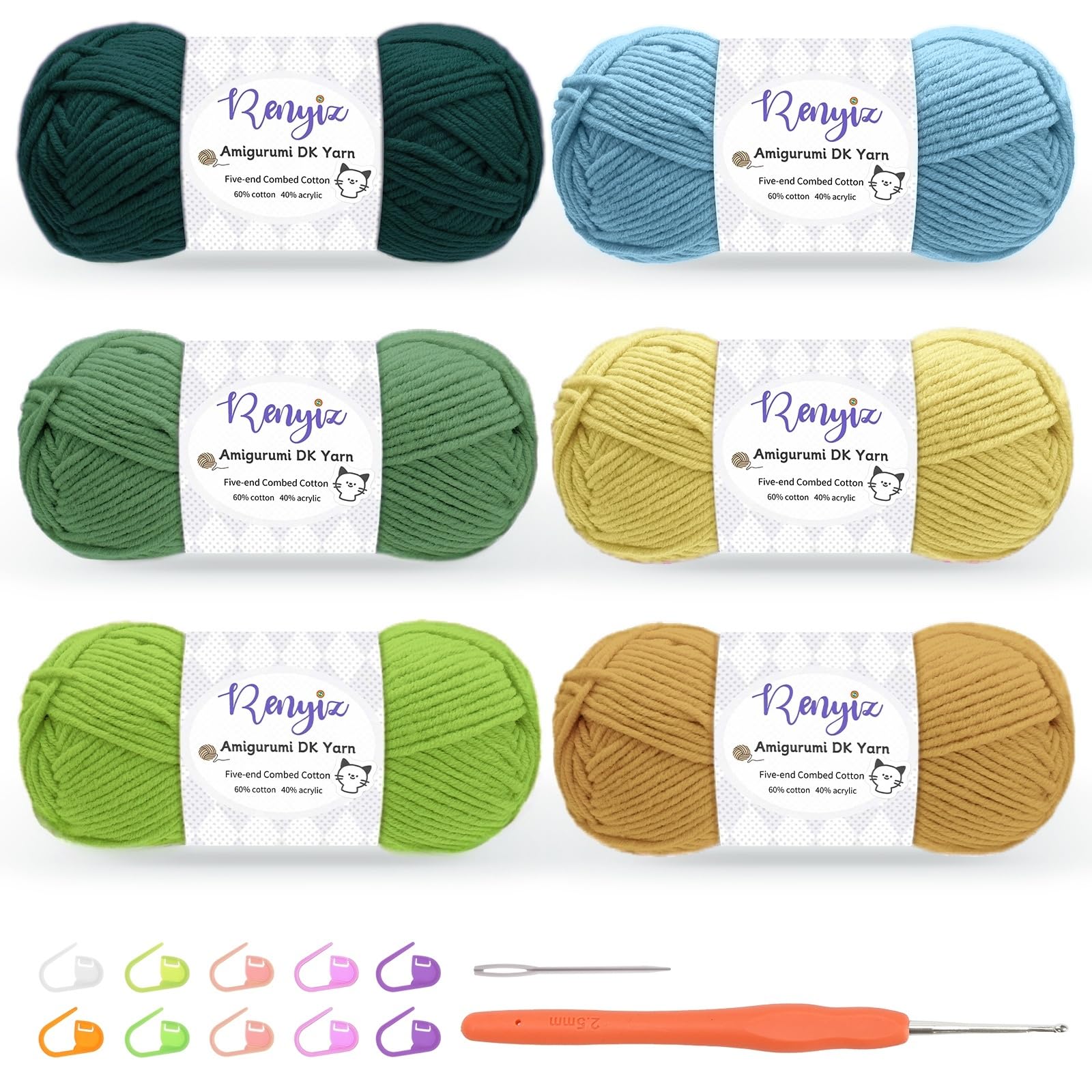 Renyiz Crochet Yarn, 6 x 50g Cotton Yarn (60% Cotton & 40% Acrylic) DK Wool for Crochet with 2.5mm Hook & Accessories, Suitable for Baby Wool Crafts & Knitting Green — image 1