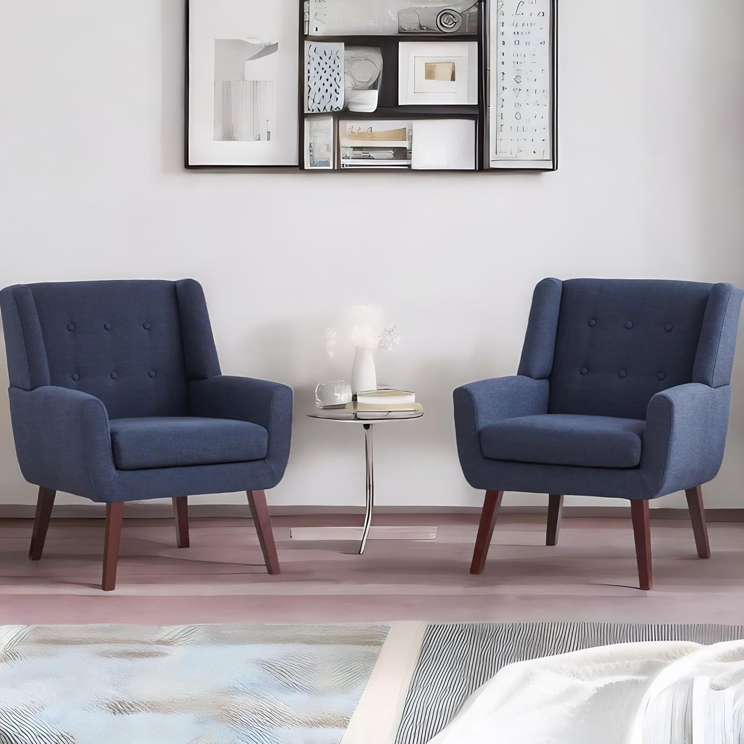 HUIMO Accent Chair, Arm Chair Set of 2, Button Tufted Upholstered Reading Chair, Linen Fabric Mid Century Modern Chairs for Bedroom, Living Room Chair, Comfy Sofa Chair(2, Dark Blue)