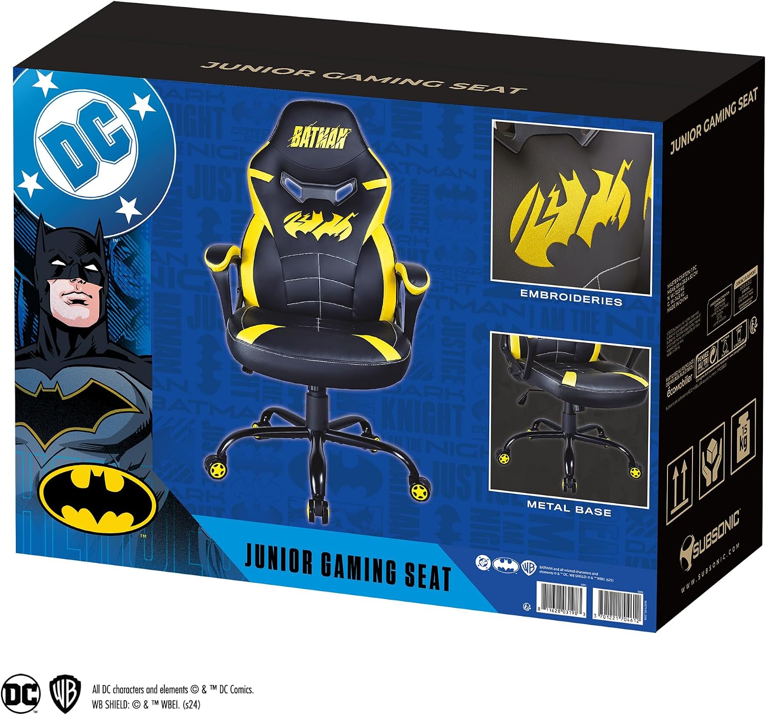 SUBSONIC – Batman Gaming-Stuhl, Bürostuhl für Kinder, Bequemer Schaukelsitz mit Integrierter Kopfstütze und Armlehnen, Ergonomische Rückenlehne, Höhenverstellbar, Schwarz und Gelb