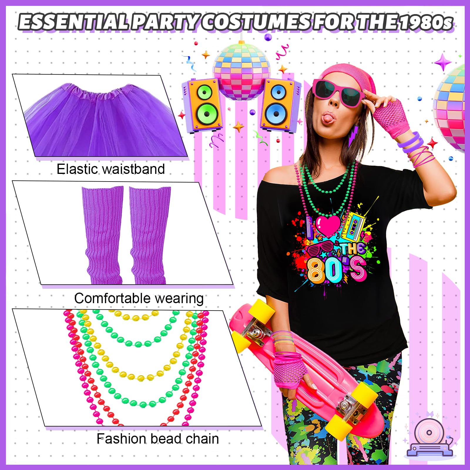 10Pcs 80s Accessories Set for Women, Retro Fancy Dress with Tutu Skirt Leg Warmers Fishnet Gloves Earrings Lace Headband Glasses Bracelet for Girls 1980s Costume Outfit Hen Do Party (Purple, M) - Image 4