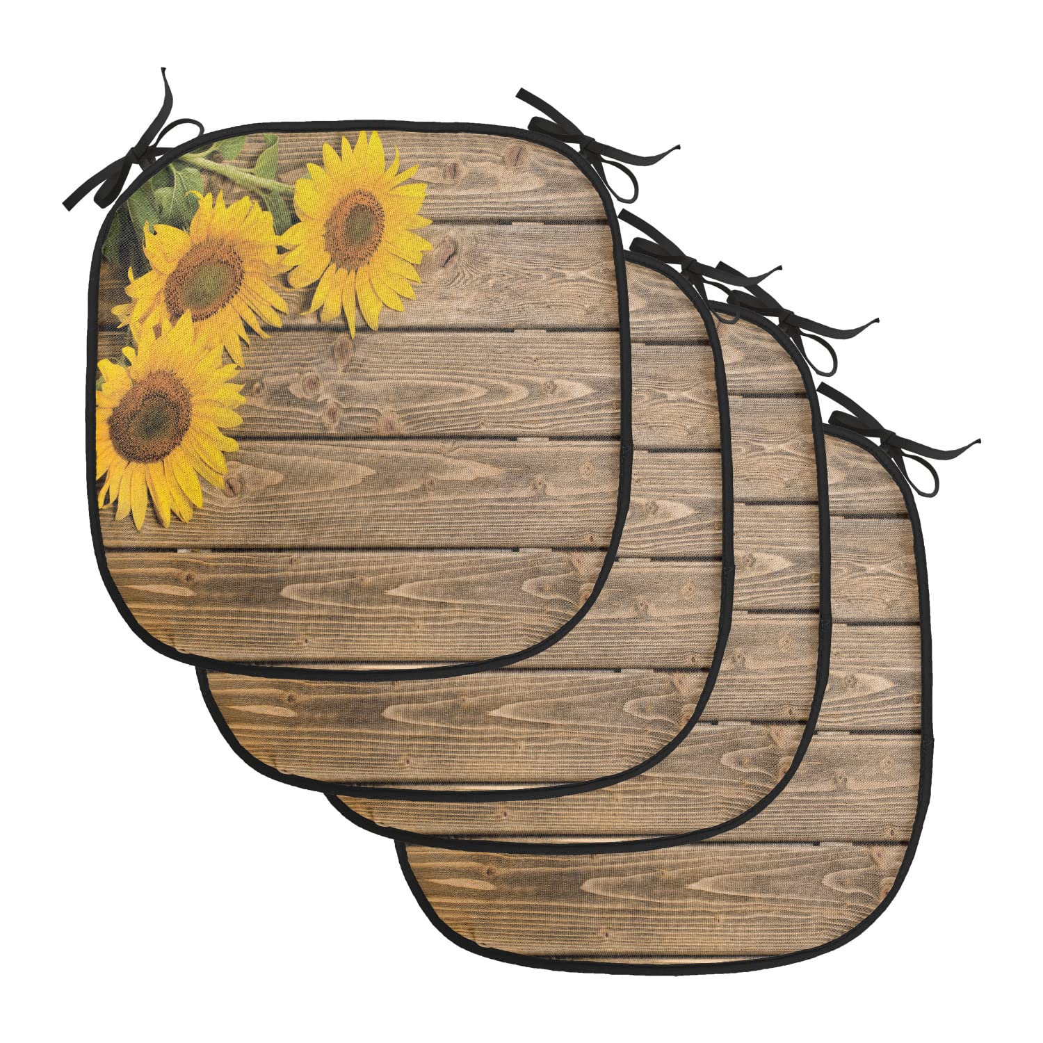 Lunarable Sunflower Chair Cushion Pads Set of 4, 3 Sunflowers on Wooden Background at Top Left Corner Picture Print, Anti-Slip Seat Padding for Kitchen & Patio, 16