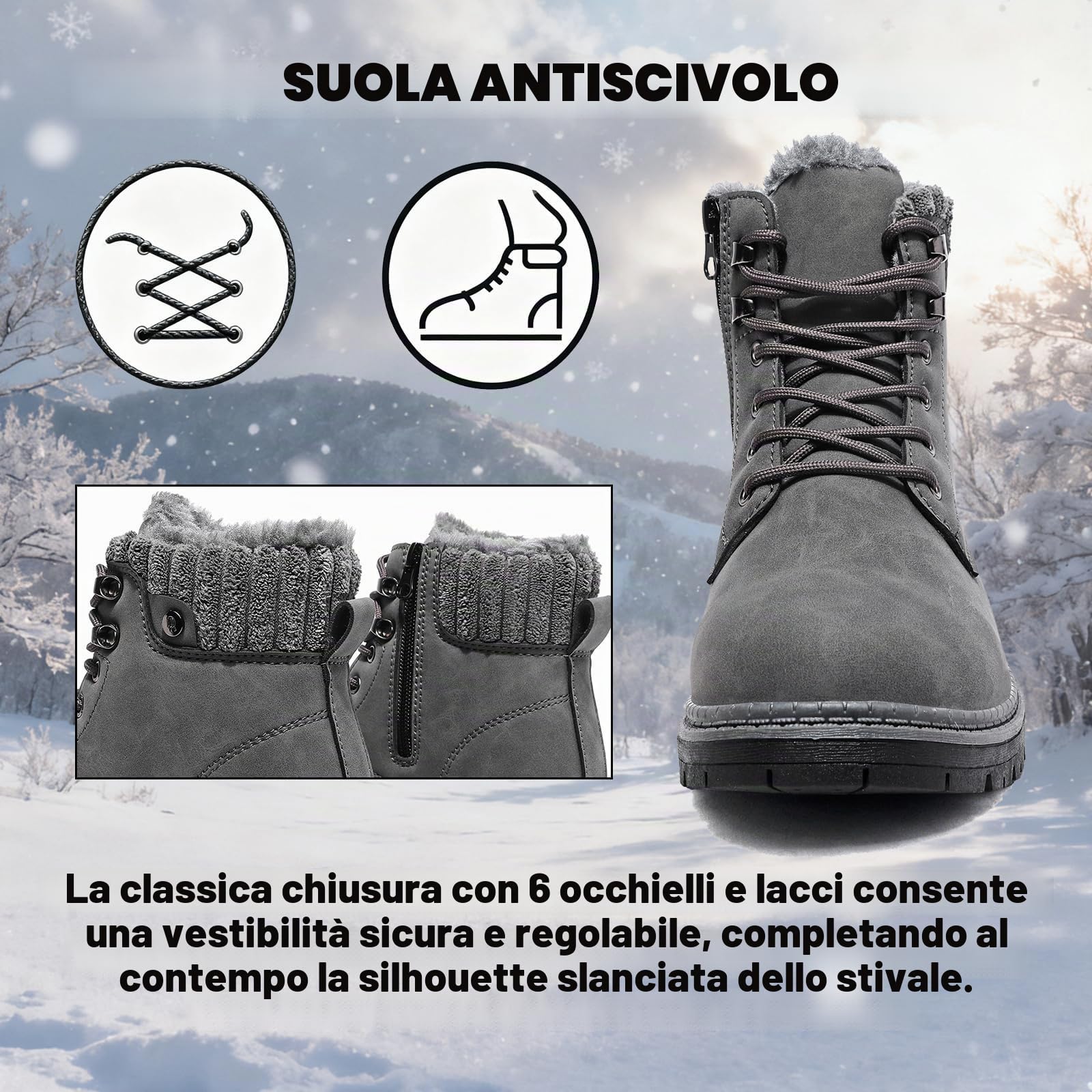 Stivali Donna Inverno Scarpe da Neve Impermeabili Stivaletti Pelliccia Stringate Outdoor Stivali da Trekking Caldi Snow Boots GR.37-42 Grigio-1 40EU