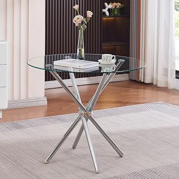 36" Round Glass Dining Room Table with Glass Top and Chrome Legs for Kitchen and Dining, Modern Compact Round Dinner Table for Apartment Small Spaces Silver-3