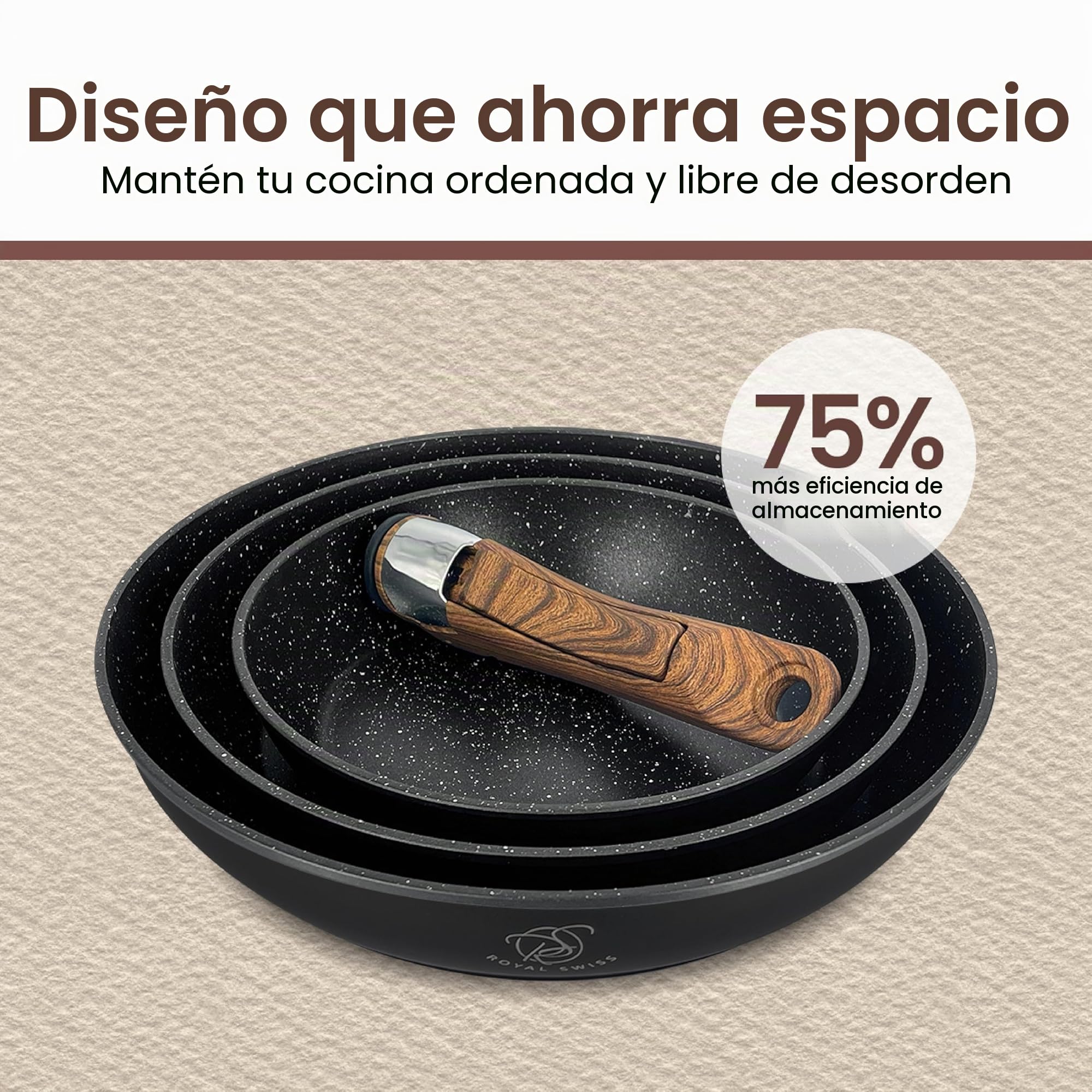 Royal Swiss® Set de ollas, 4 piezas, mango desmontable, revestimiento de mármol, inducción, sin PFAS, para todo tipo de fuentes de calor, negro (negro, 4)