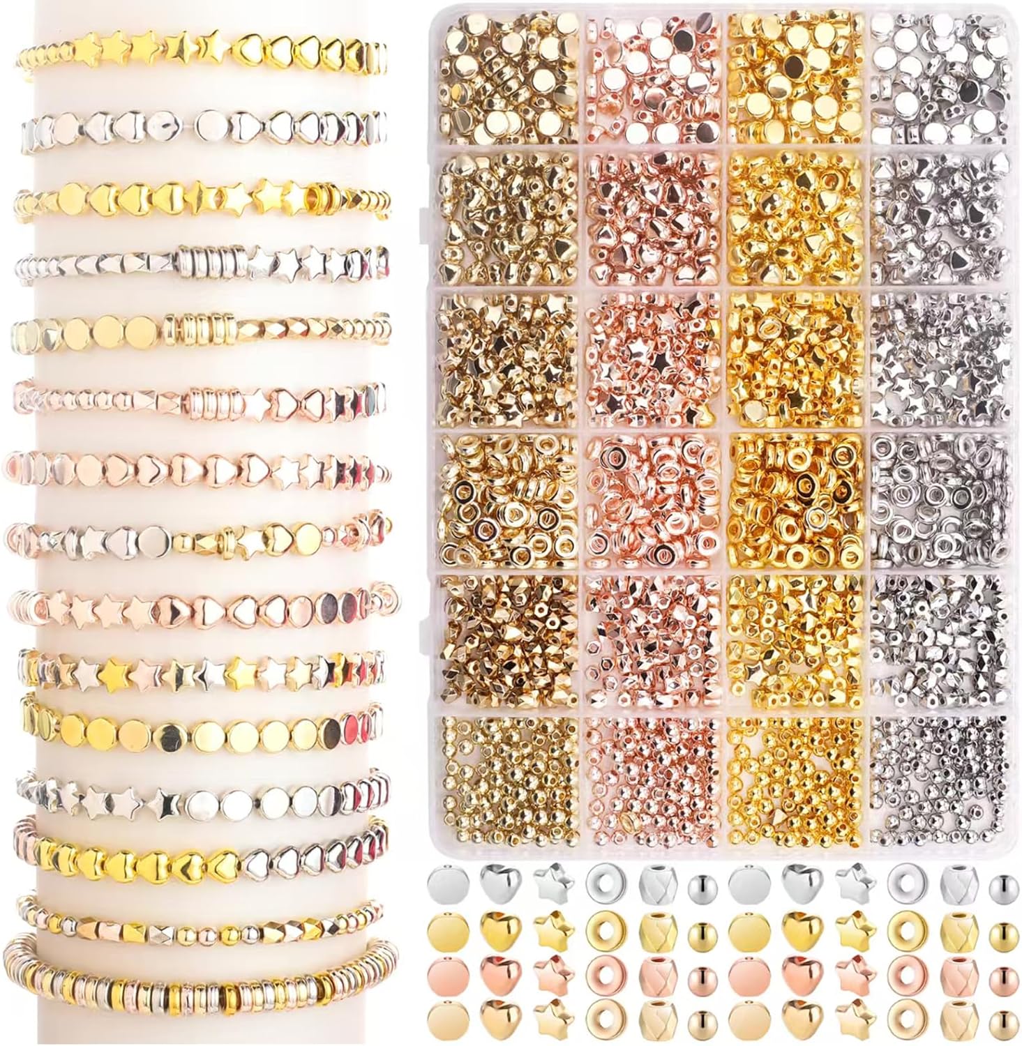 Gold Spacer Beads 2160 Pieces Bracelet Beads for DIY Jewelry Making(Gold, Sliver, Rose Gold, KC Gold)