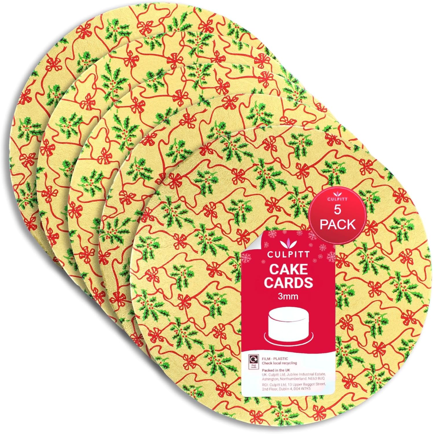 Culpitt Christmas Cake Boards | 10" Gold & Holly Cake Cards, 3mm Thick Round Card Plates For Presenting & Displaying Festive Bakes and Desserts - 5 Pack