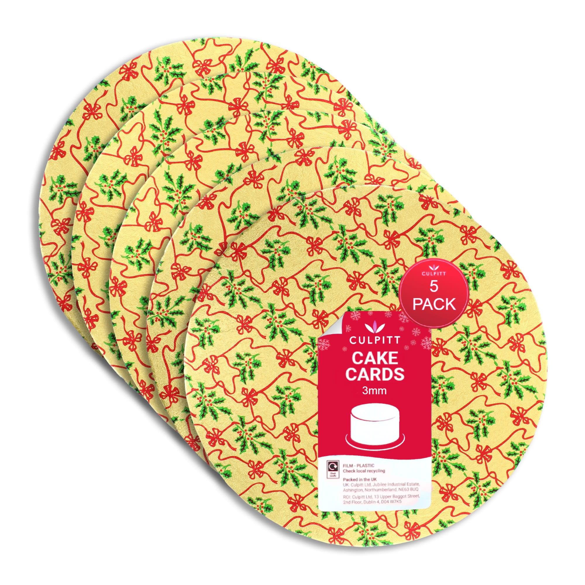 Culpitt Christmas Cake Boards | 10" Gold & Red Bow Cake Cards, 3mm Thick Round Card Plates For Presenting & Displaying Festive Bakes and Desserts - 5 Pack