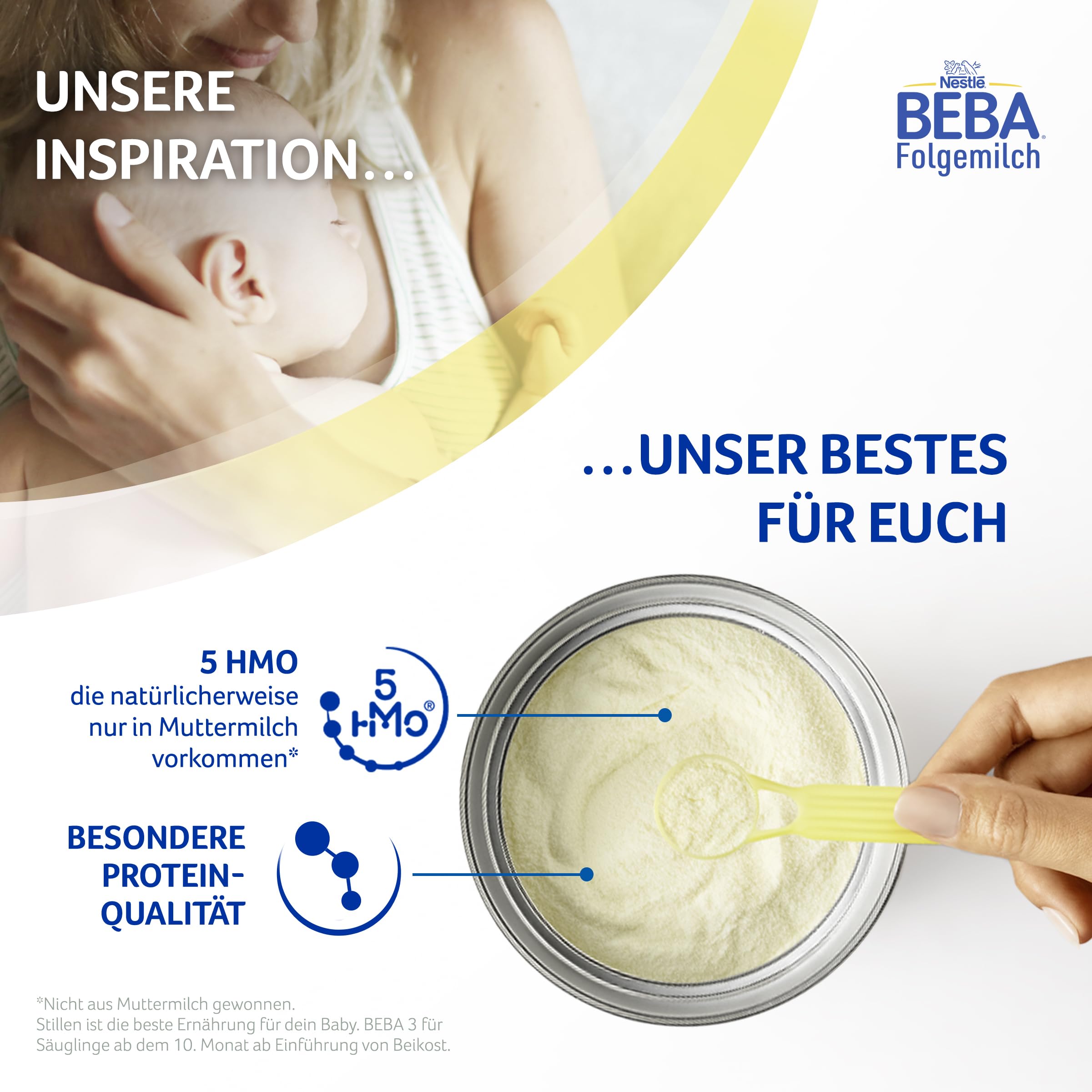 BEBA 3 - Folgemilch ab dem 10. Monat, Mit 5 HMO Komplex, Altersgerecht angepasster Proteingehalt, Nur Laktose, Ohne Palmöl, Ohne Fischöl, Babynahrung, Baby-Milchpulver, 6er Pack (6 x 800g)