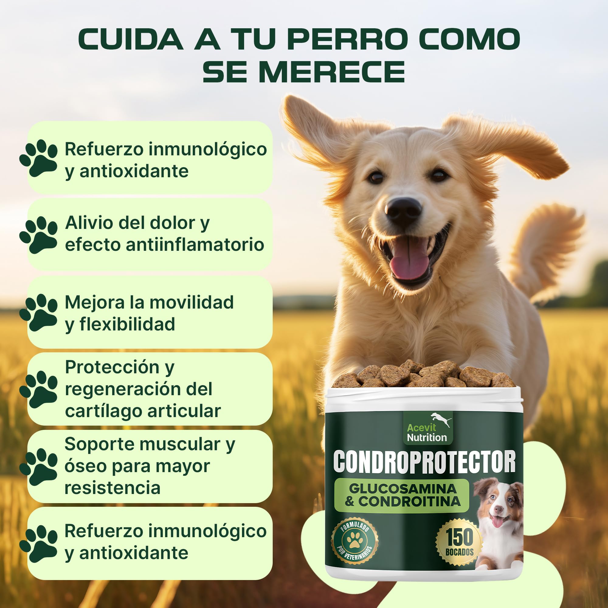 Condroprotector Perros, 150 uds, 100% Natural, Articulaciones y Cartílagos, Antiartrosis con Glucosamina, Condroitina, MSM, Ácido hialurónico, Colágeno, Omega 3 y 6, Vitaminas C y E — view 4
