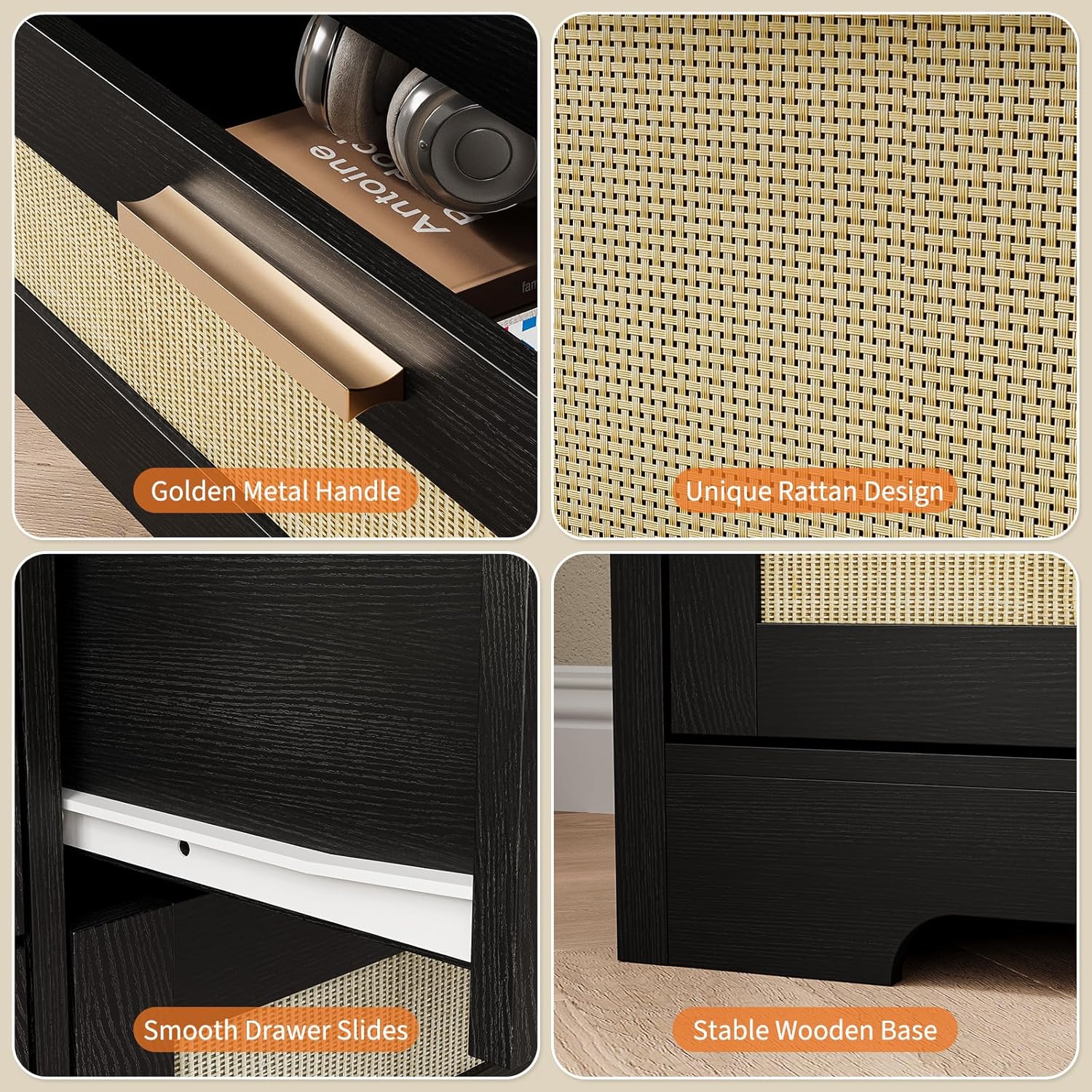 Hipicute 12 Drawer Dresser for Bedroom, Modern Rattan Chest of Drawers, Wood Storage Organizer with Rattan Panel Drawers and Handles, for Nursery, Entryway, Living Room, Black
