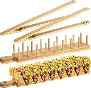 Kigley 4 Pcs Wood Taco Holder Bamboo Taco Tray with Tong Stand with Hand...