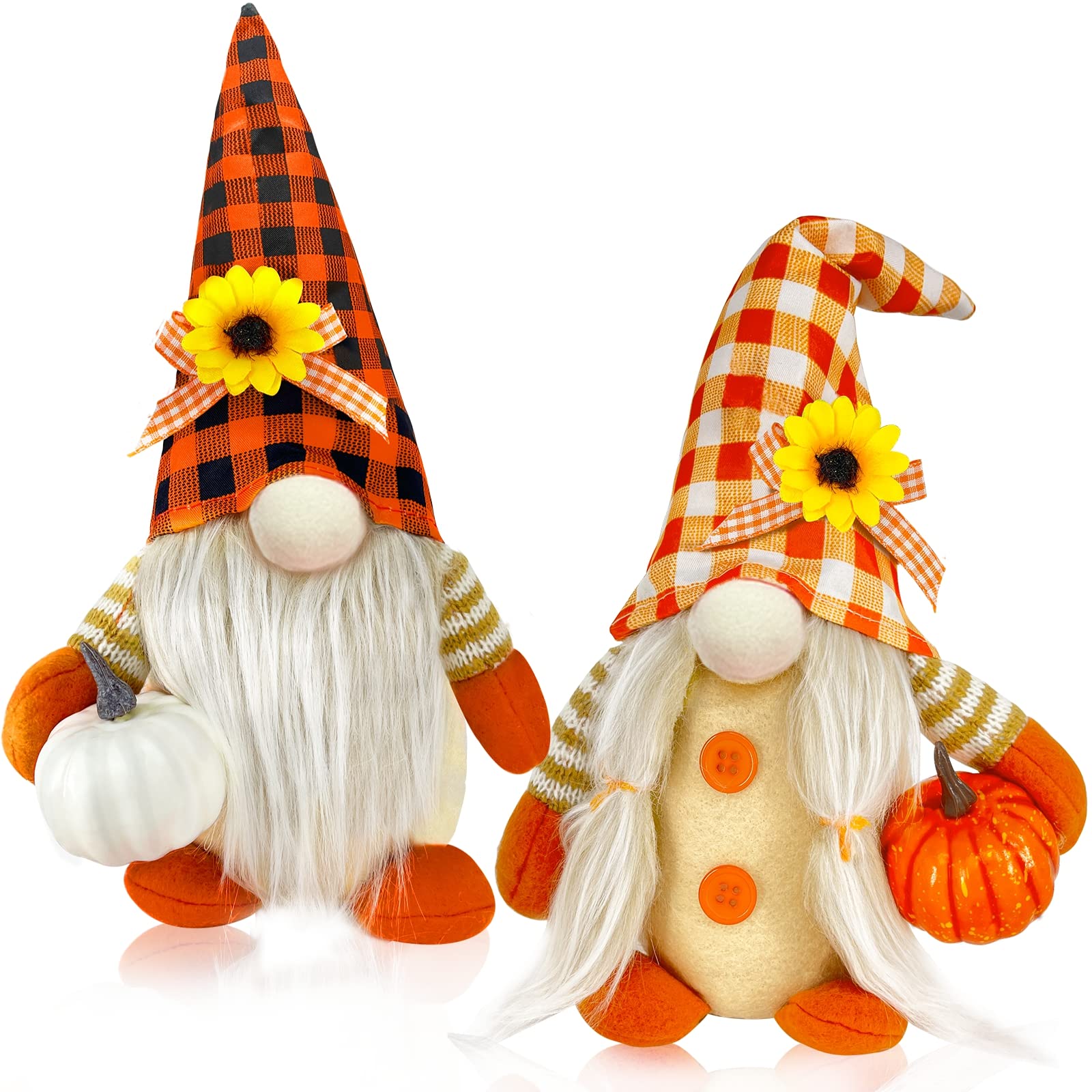 Set of 2 Gnomes Plush Fall Thanksgiving Decorations Hold Realistic White and Orange Pumpkins Wear Sunflower Buffalo Plaid Hat Autumn Plush Gnome Decor Home Table Tiered Tray Swedish Elf Ornaments Gift