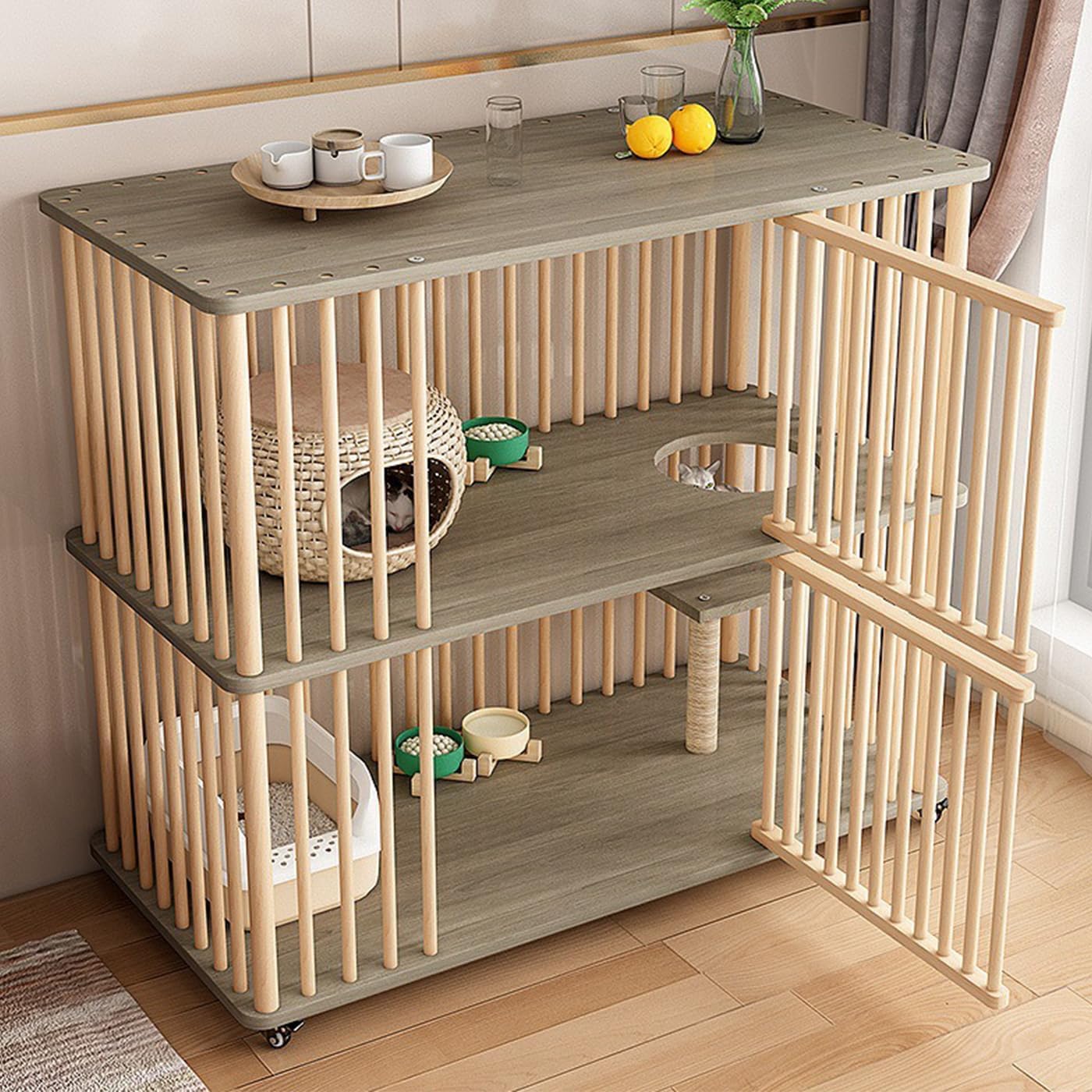 Gdrasuya10 Wooden Cat House with Scratching Post, 2 Tier Cat House Villa for Indoor Cats Large Size Cat Cage Box with Wheels Cat Condos Kitty Cage with Escape Doors