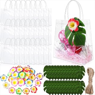 Wesnoy 24 Set Hawaiian Tropical Gift Bags Bulk Luau Party Bachelorette Clear Gift Goodie Bag with Handle, Artificial Palm Leaves Hibiscus Flower, Hawaiian Party Favor for Wedding Bridesmaid Supplies
