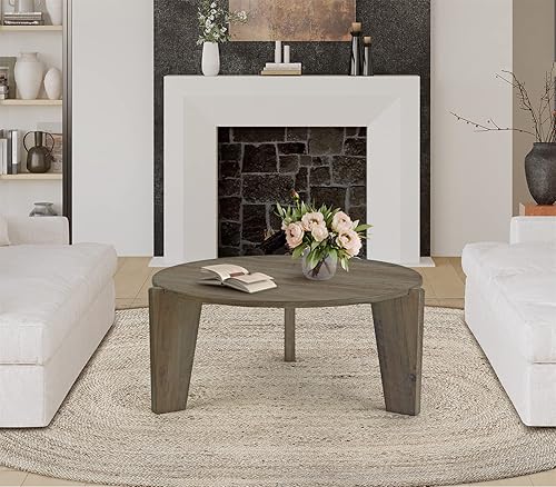 Giofanzo Mesa de centro redonda para sala de estar, mesa de sofá de diseño industrial de moda simple, mesa natural de grano de madera rústica,