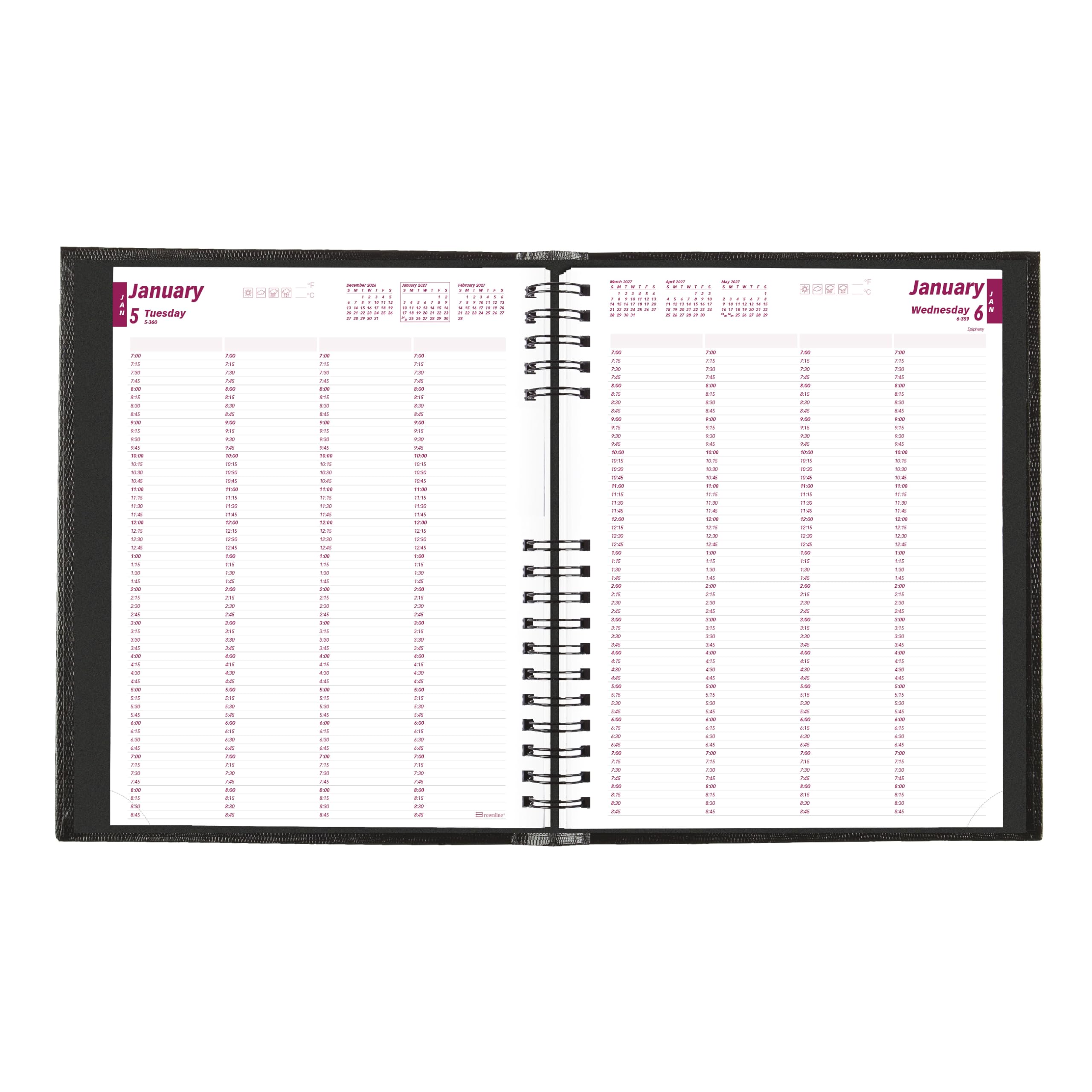 Brownline® CoilPro™ Agenda giornaliera professionale 2027, agenda per quattro persone, 12 mesi, da gennaio a dicembre, rilegatura a doppio filo, 28 x 21,6 cm, nero (CB960C.BLK)