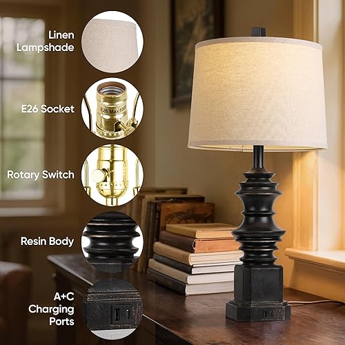 Miniatura 4 de QiMH Juego de 2 lámparas de mesa para mesita de noche, lámpara de noche con puertos de carga USB A+C, lámpara de mesa de granja con pantalla de