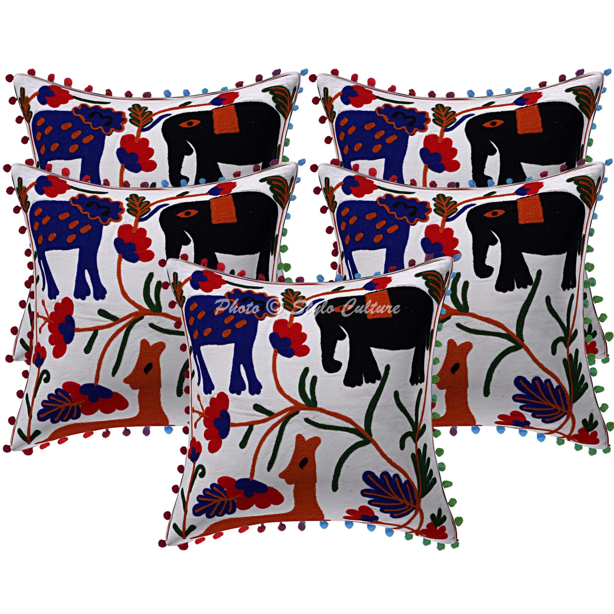 Indische Dekorativ Baumwolle Couch Kissenbezüge 40x40 cm Weiß Dekokissen Suzani Bestickte Pom-Pom-Spitze Schlafzimmer Sofa Kissen Bezüge Blumen Quadrat Kissenhullen - 5 STK.