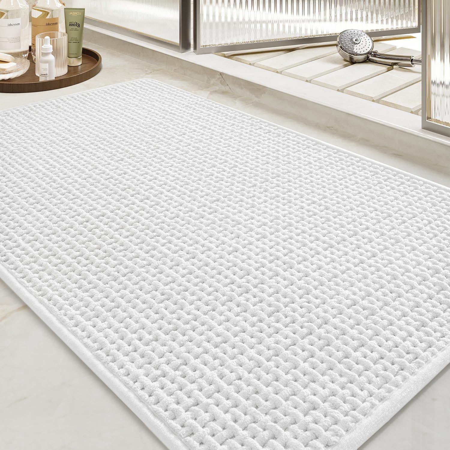 tchdio Soft Chenille Bath Mat-Super Absorbent Bathroom Mat Quick Dry- Rubber Backed Bath Mats for Bathroom Floor Non Slip- Machine Washable Bathroom Rugs Front of Bathtub,Shower Room,Sink-1728-WHITE White 1'5" x 2'4"