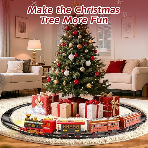 Miniatura 4 de Juego de tren eléctrico para niños, juguetes de tren de Navidad con humo, luz y sonido, pistas de tren de construcción de bricolaje debajo del árbol