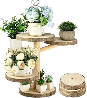 4 Tier Window Sill Plant Shelf Wood Tiered Riser Indoor Succulent Windowsill Shelf Farmhouse Tree Stump Style Countertop Plant Stand for Living Room Bedroom Decor Housewarming Gifts