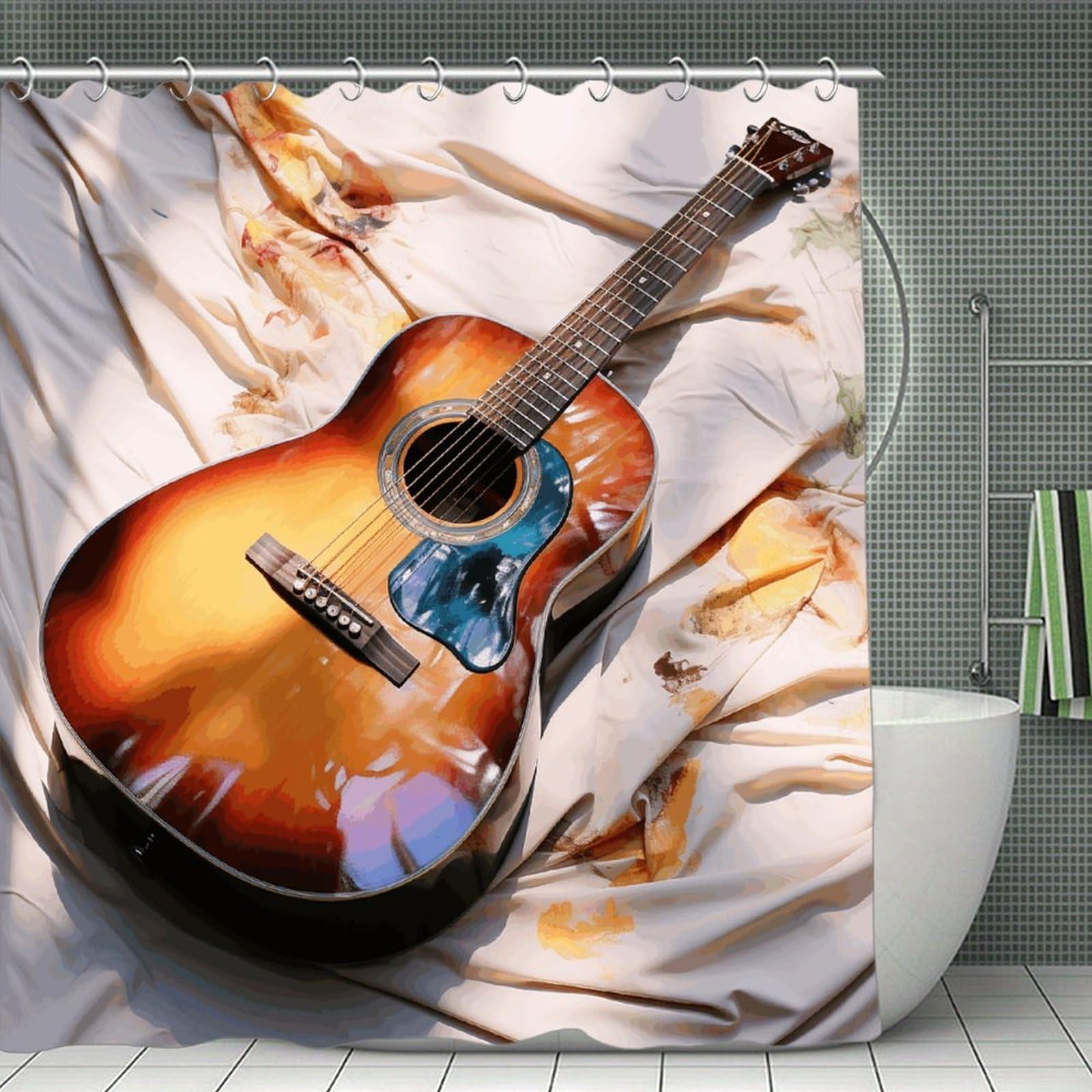 VstaDank Watercolor Acoustic Guitar Shower Curtain Light-Weight Blackout Bathroom Curtain Washable Shower Liner 71x71 Inch Bath Curtain with Metal Holes Bathtub Bath Room