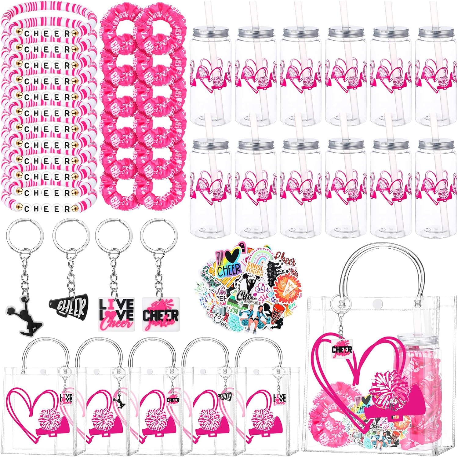 LemonRoad 12 Set Cheer Gifts Bulk for Team Cheering Clear Tote Bags Bracelets Bottles Cheer Keychain Hair Scrunchies Stickers Cheerleading Party Favors for Woman Team Birthday Cheerleader Gifts(Pink)