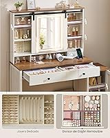 Vista 4 de VASAGLE Colección LIRY - Escritorio de tocador con espejo y luces, tocador de maquillaje de estilo granja con taburete, estación de carga, 2