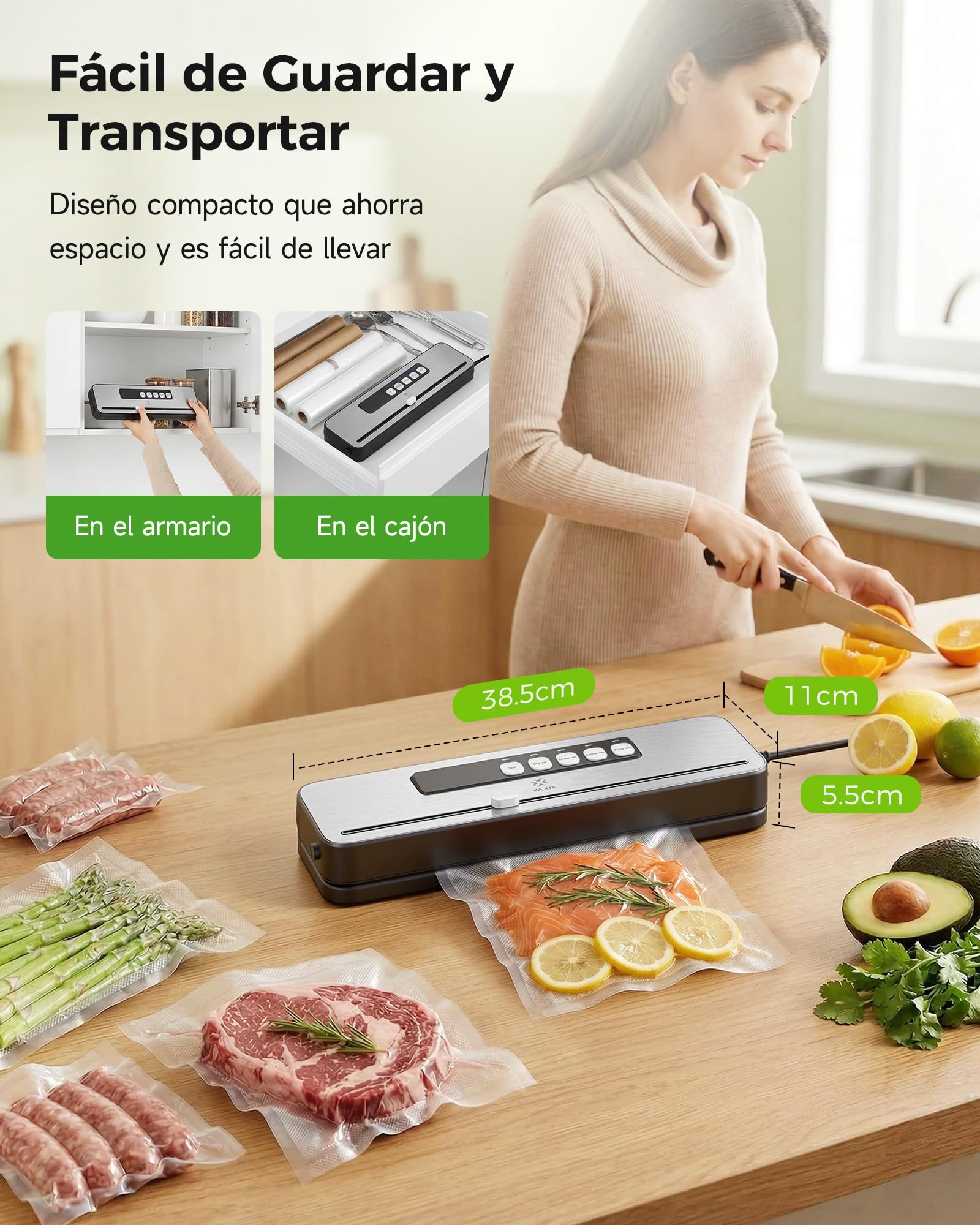 WOOX Envasadora al Vacío, Máquina Envasadora al Vacio Domestica Rápida y Compacta, Incluye 10 Bolsas, Alta Velocidad de Trabajo Continuo, para la conservación de alimentos secos y húmedos