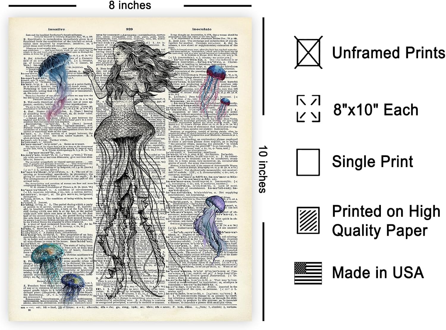 Poster Master Dictionary Art Poster - Lady Jellyfish Print - Aquatic Art - Gift for Men, Women & Animal Lover - Surreal Decor for Bathroom, Ocean or Beach House - 8x10 UNFRAMED Wall Art