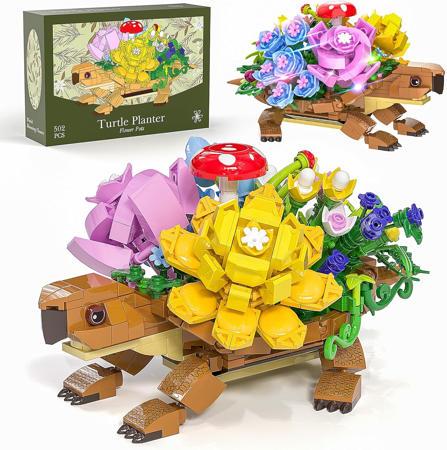 Sea Turtle Succulent Planter Building Set with LED Lights, Valentines Day Gifts for Kids Girls Women Adults Mothers, Compatible with Lego Turtle Flowers Pot Building Kit, Animals Botanical
