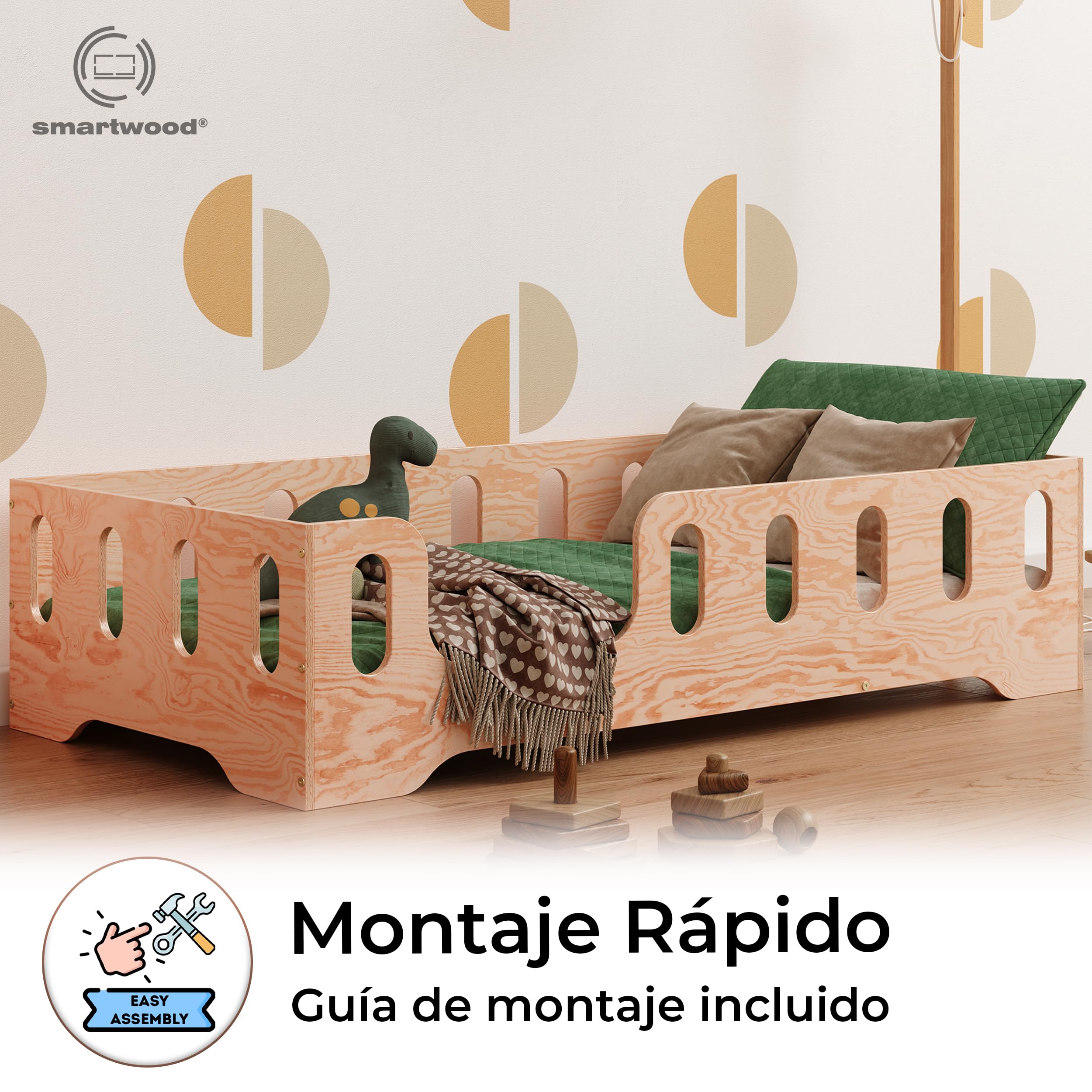 smartwood Cama Infantil 90x190 cm - Cama Montessori de Madera Certificada FSC, con Barandilla de Protección y Somier hasta 230 kg - para Niño y Niña - Montaje Fácil - TILA 2L