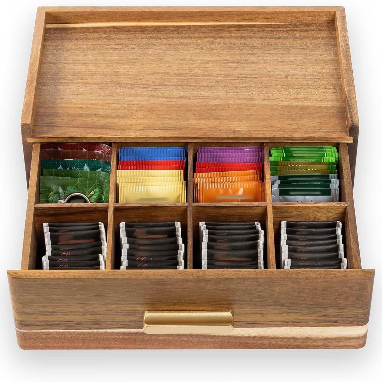 Organiseur de Sachets de Thé en Bois, Boîte de Rangement pour Sachets de Thé, Tiroir Boîte de Rangement, Boite de Rangement Cuisine, Support de Sachets de Thé, pour Sachets de Thé, Café, Infusion