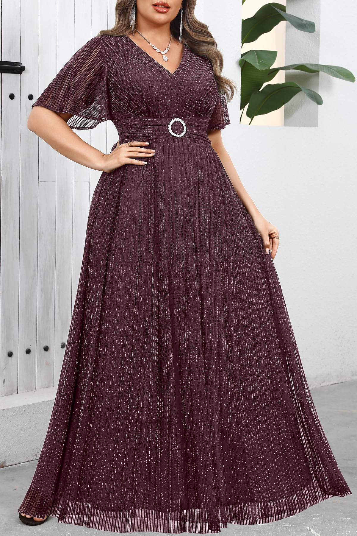Plus Size Formal Dresses - Wedding Guest Evening Gown Sparkly Sequin Prom Gala Ball Maxi Dress with Short Sleeves