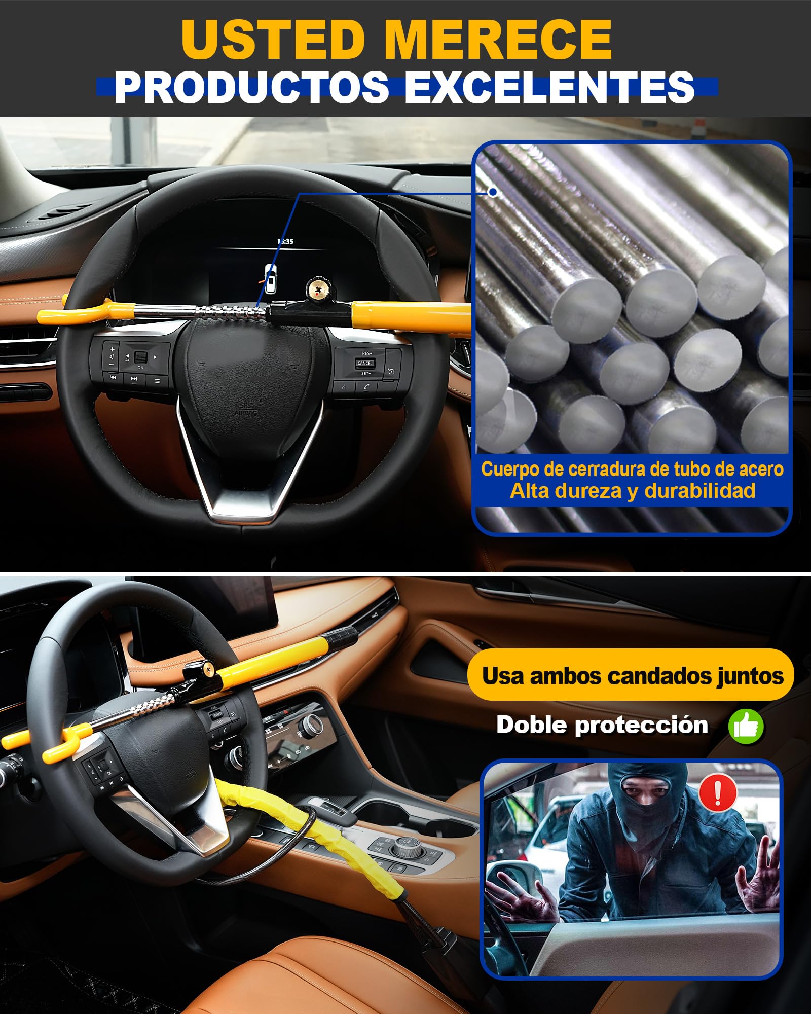 Tevlaphee Candado para Volante, Cerradura de Seguridad para Coche, Dispositivo Anti-Robo Resistente, Alta Visibilidad, Ajuste Universal para Coches, SUV y Furgonetas, Ajustable, 3 Llaves(Amarillo)