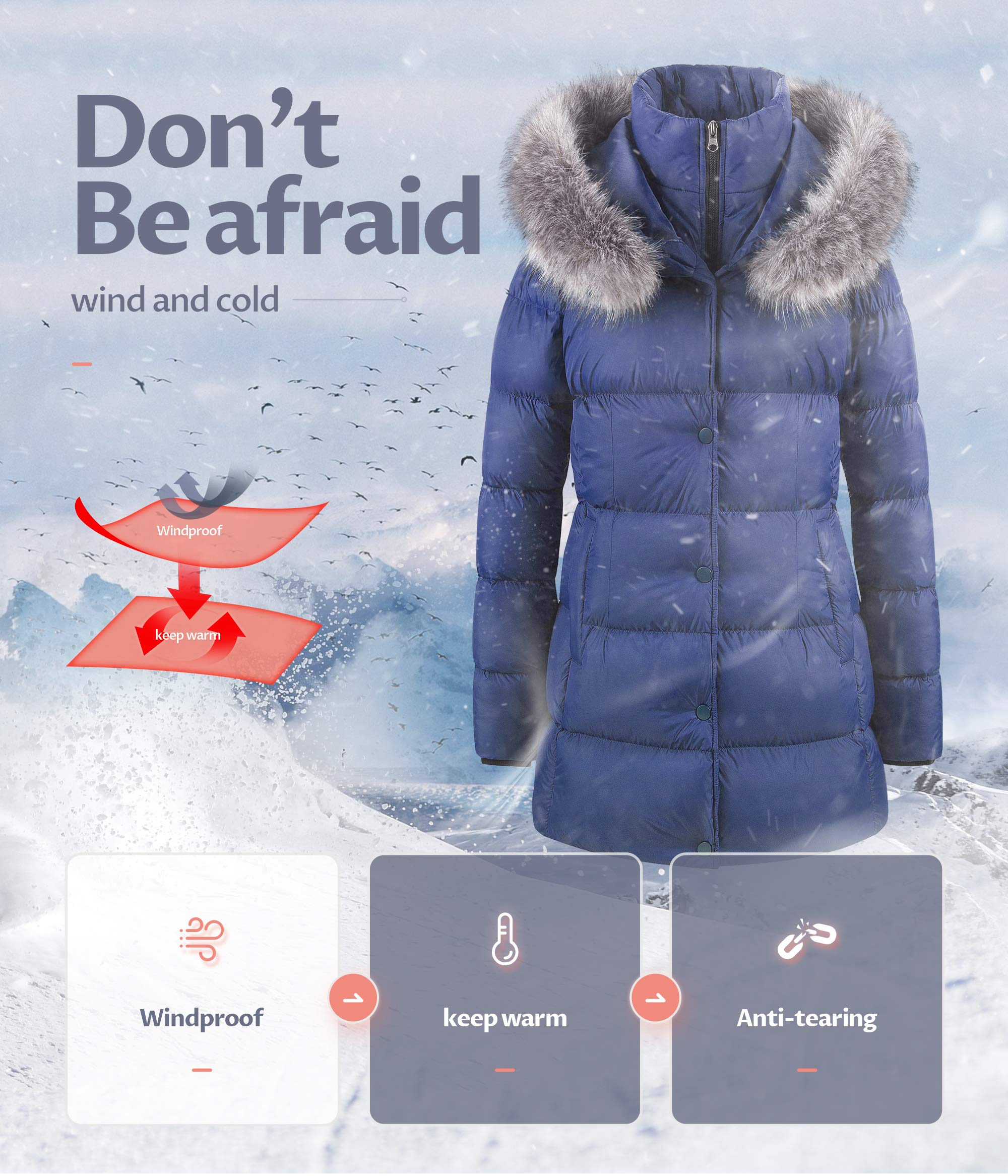 CREATMO US Women's Thickened Jacket Slim Fit Snow Jackets Quilted Coat Navy M