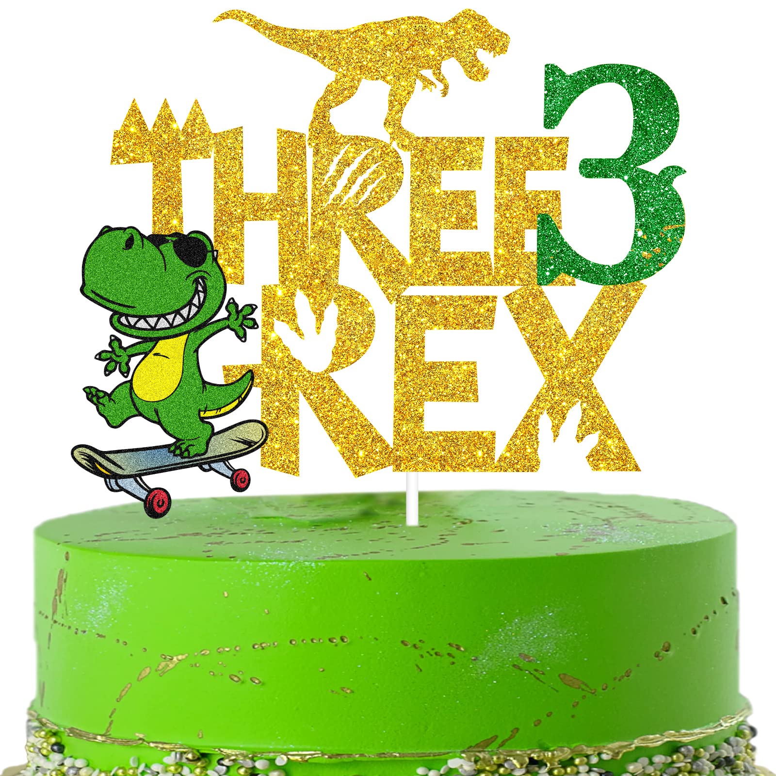 Dinosaur Three Rex Cake Topper - Double Sided Glitter Cake Decoration For 3rd Birthday, Boys' Dino Party - View #7