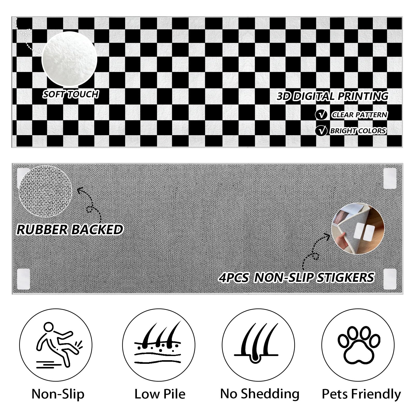 Damier Noir Blanc Tapis de Couloir 80x300cm Antidérapant Plaid Géométrique Tapis de Passage Lavable Doux Minimaliste Moderne Moquette Long Doux pour Chambre à Coucher Couloirs Salon Cuisine