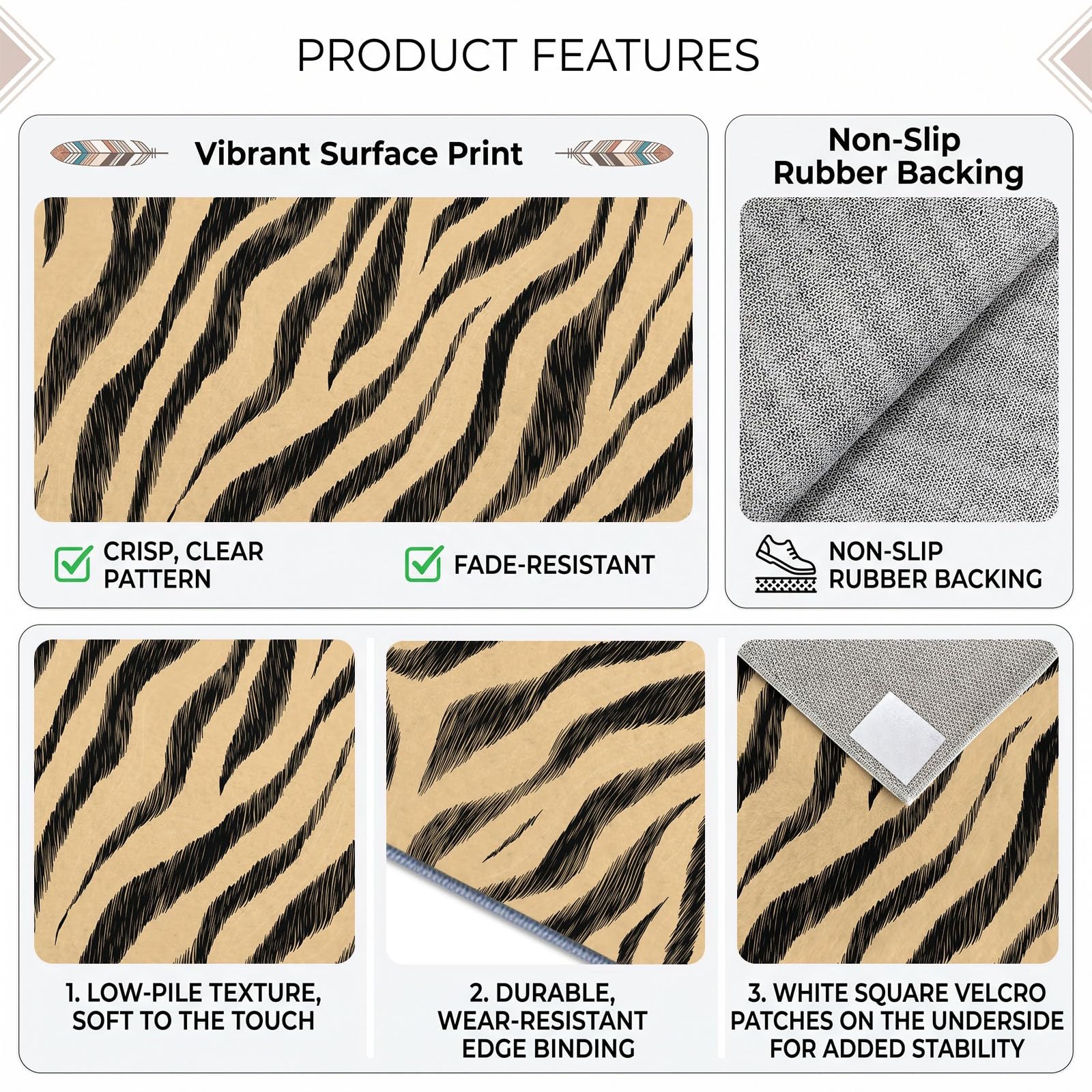 Tapis de Salon Lavable 160 x 230 cm Rayures Tigre Beige, Tapis Antidérapant à Poils Ras Imprimé Animal pour Cuisine Bureau Salle à Manger - Moquette Décoration Intérieure Chambre d'enfant