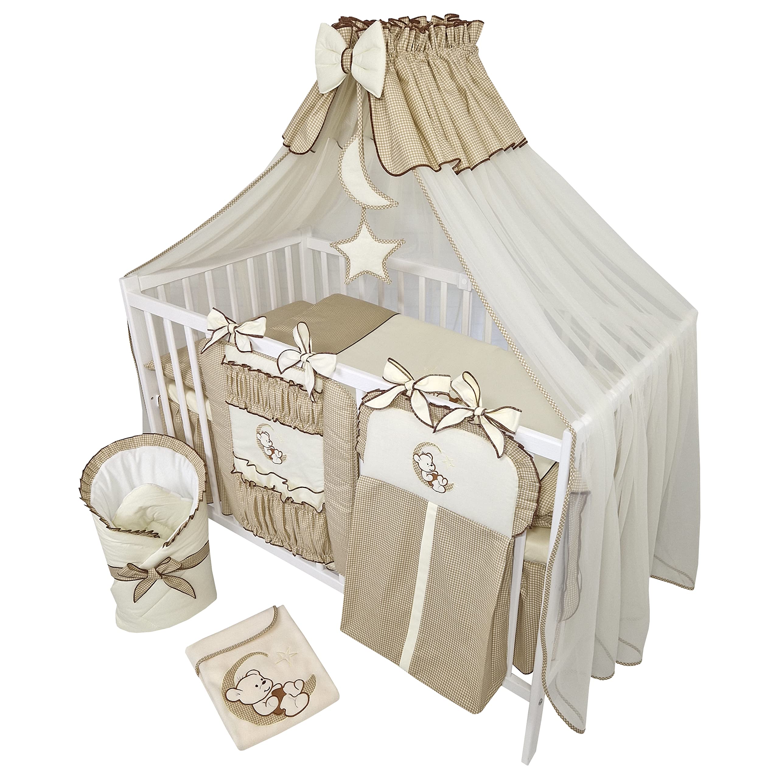 16 Teiliges Babybett Kinderbett und Bettwäsche komplett Set Happy Leo inkl. Matratze höhenverstellbar für Neugeborene Babys und Kleinkinder aus Massivholz Teddybär Mond Dunkelbeige