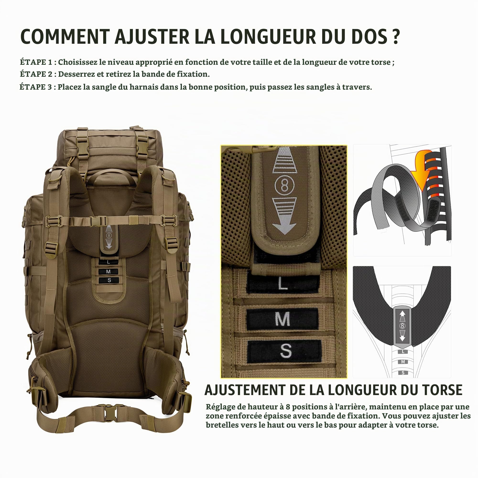 Mardingtop Sac à dos militaire 70L Sac à dos de trekking avec protection contre la pluie Sac à dos de randonnée en plein air Grande capacité Sac à dos pour la randonnée, l'alpinisme et les voyages