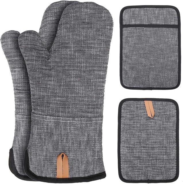 Micacorn Oven Gloves Heat Resistant, Extra Long Oven Mitts and Pot Holders Set with Silicone and Cotton Lining, Non-Slip Textured Oven Mitts Pot Holders for Cooking, Baking, BBQ, Pizza