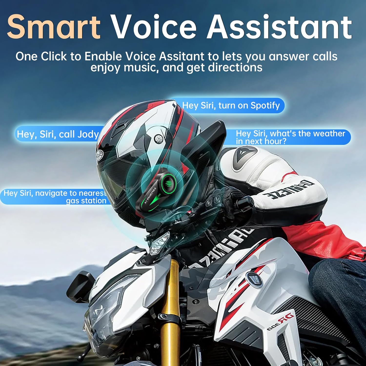 A rider using the AURISOM A50 headset to interact with a smart voice assistant for navigation, calls, and music.