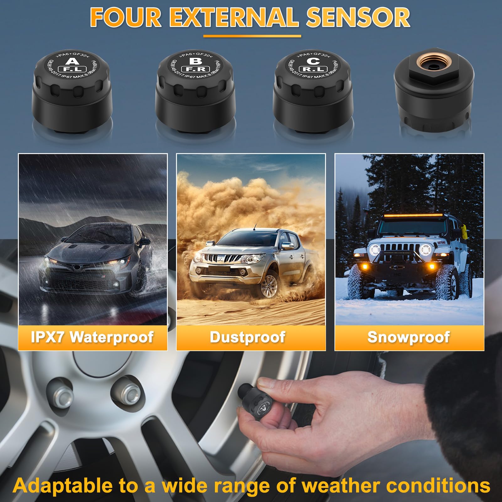 TPMS Sistema de Monitoreo de Presión de Neumáticos, Carga Solar/USB, 5 Funciones de Alarma, 4 Sensores Externos, 0-87 PSI/0-6.0 Bar,Compatible Berlina/SUV/MPV
