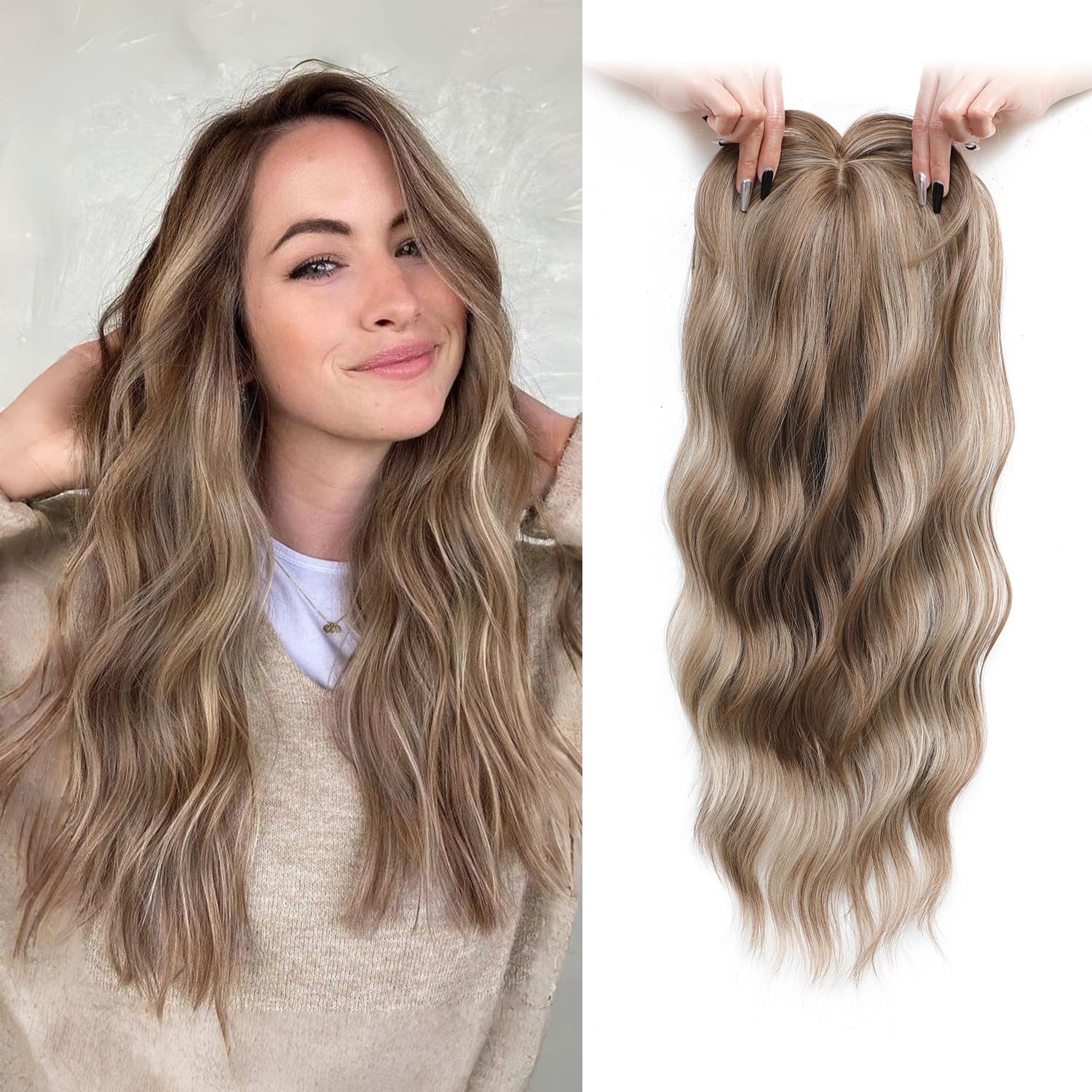 UDU 20inch Wavy Hair Toppers for Women with Thinning Hair Ombre Highlight Synthetic Wig Clip In Topper Wiglets with Fringe Bang Add Volume