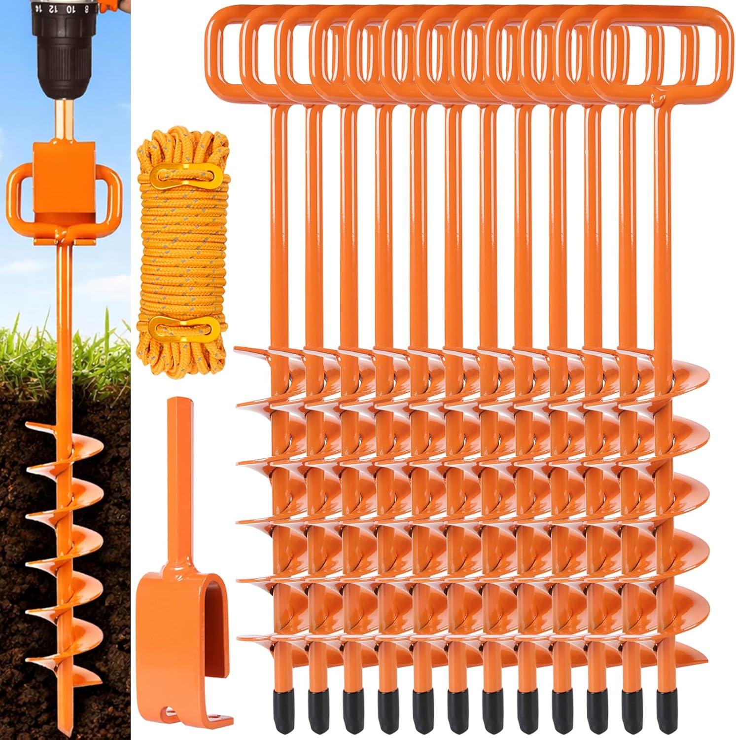 15in Screw in Tent Stakes for 2025 - Ground Anchors Screw in, with Tent Stakes Heavy Duty Adapter & 30ft Nylon Rope – Perfect for Tent Anchors, Ground Anchors Heavy Duty (Orange,12PCS)